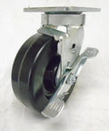 Heavy Duty 6 Inch Phenolic Caster Wheels Kingpinless Swivel With Brake Rigid Set close-up view, showcasing sturdy black phenolic wheel and metal mount.
