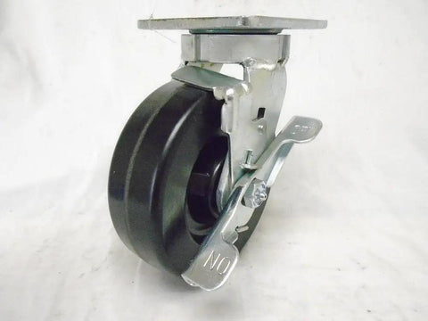 Heavy Duty 6 Inch Phenolic Caster Wheels Kingpinless Swivel With Brake Rigid Set close-up view, showcasing sturdy black phenolic wheel and metal mount.