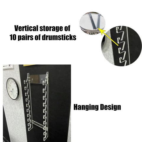 Wall Mounted Drum Stick Holder And Display Rack Heavy Duty Acrylic Organizer For Ten Pairs Of Drumsticks And Lightsabers hanging design with vertical storage