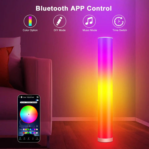 2 Pack RGB Corner Floor Lamps With App And Button Control, 10W 500LM, glowing in corner, Bluetooth app displayed on phone