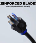 Close-up of 10 Ft Outdoor Extension Cord With Three Outlets, Heavy Duty 16/3 SJTW Black Cable, Grounded 3 Prong Plug, Weatherproof.