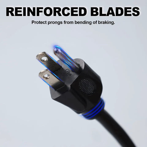 Close-up of 10 Ft Outdoor Extension Cord With Three Outlets, Heavy Duty 16/3 SJTW Black Cable, Grounded 3 Prong Plug, Weatherproof.