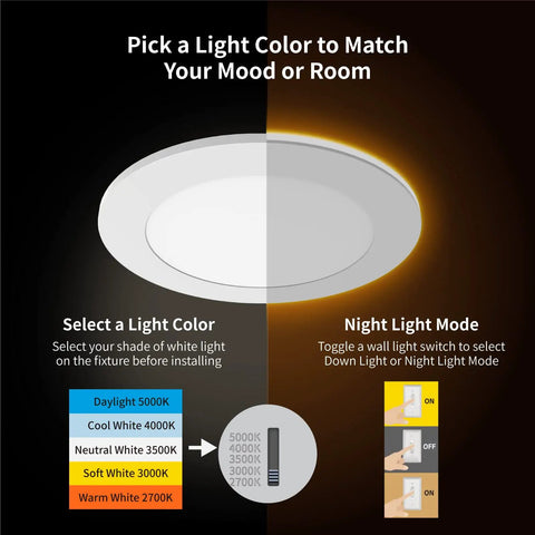 Six Pack 6 Inch 5CCT LED Recessed Lights With Night Light 2000K Amber Glow And Adjustable 2700K-5000K Ultra Thin Canless Wafer Downlights Dimmable 12W 110W Equivalent 1050 Lumens Easy Install