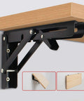 Legit Heavy Duty Black Folding Shelf Brackets Wall Mount Supports Rock Solid 150 Lb Load Capacity Pack Of Two mounted on a wooden shelf.