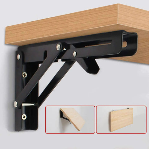 Legit Heavy Duty Black Folding Shelf Brackets Wall Mount Supports Rock Solid 150 Lb Load Capacity Pack Of Two mounted on a wooden shelf.