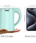 0.5L Portable Electric Kettle For On The Go Quick Boil, Stainless Steel Travel Kettle With Boil Dry Protection And Auto Shut Off, Ideal For Dorms, Office, Coffee, Tea, And Eggs, Green shown next to smartphone for size comparison
