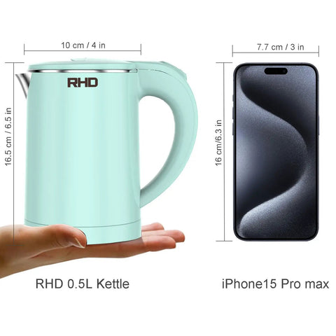 0.5L Portable Electric Kettle For On The Go Quick Boil, Stainless Steel Travel Kettle With Boil Dry Protection And Auto Shut Off, Ideal For Dorms, Office, Coffee, Tea, And Eggs, Green shown next to smartphone for size comparison