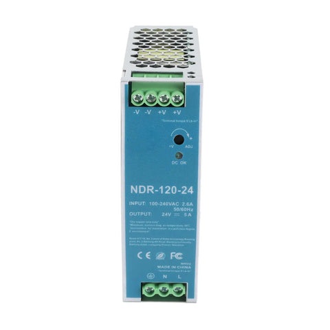 Front view of Heavy Duty 120W Rail Power Supply 24V 5A for Industrial Machines NDR 120 24 with aluminum-plastic enclosure