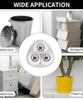 No Sweat Self Adhesive Mini Caster Wheels Pack Of Twelve Slick Rolling Swivel Casters shown on storage boxes, rubbish bins, and flower pots.