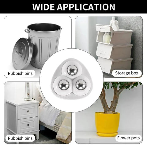 No Sweat Self Adhesive Mini Caster Wheels Pack Of Twelve Slick Rolling Swivel Casters shown on storage boxes, rubbish bins, and flower pots.