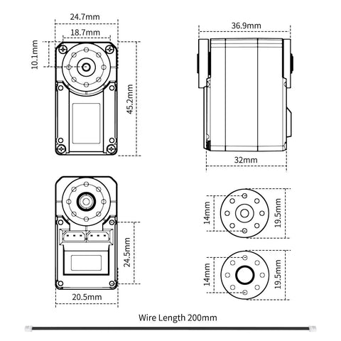 Technical drawing of Five Pack High Torque RC Servo With Controller And Debug Board for DIY robots showing dimensions and dual bearing design