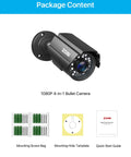 Package contents of 4 In 1 1080P CCTV Bullet Camera For Indoor Outdoor Use with accessories and quick start guide.