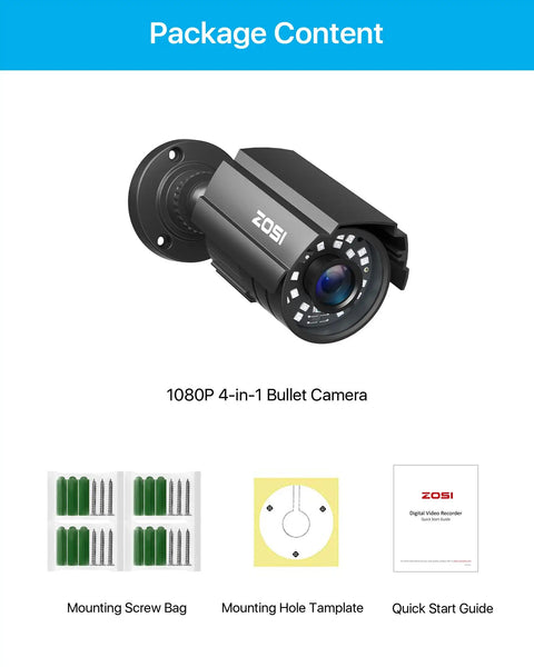 Package contents of 4 In 1 1080P CCTV Bullet Camera For Indoor Outdoor Use with accessories and quick start guide.