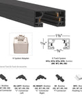 H Track 18 Inch Extension for Line Voltage Fixtures Black Finish Durable Die Cast Aluminum Easy Drop Extension to Position Lighting Below Track Surface Compatible With H Track Systems Available in 18 to 48 Inch Lengths, black track section and adapter