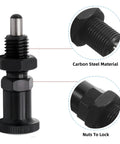 Hassle Free Push Fit Ball Nose Spring Plunger Featuring M8x1 Heavy Duty Steel Build with a retractable shaft and locking nuts.