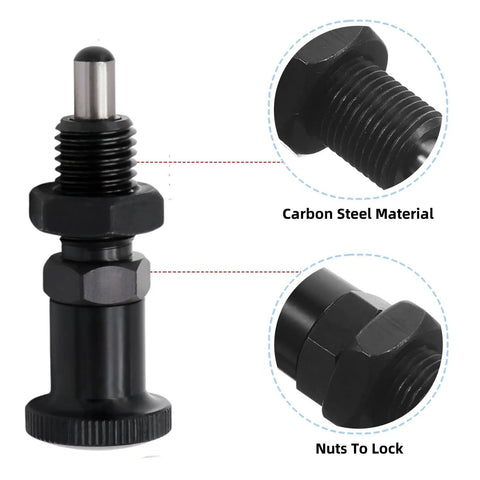 Hassle Free Push Fit Ball Nose Spring Plunger Featuring M8x1 Heavy Duty Steel Build with a retractable shaft and locking nuts.