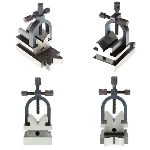 Pro-Grade 3-1/2 X 1-7/8 V Block With Clamp, Hardened Steel Multi-Use Gauge For Drilling, Milling, And Grinding, Machinist Tool Set For Precise Angle, Flat, And Reference Measurements, 40Cr steel V-block shown from four angles