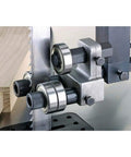 Close-up of ball bearing blade guides on 24 Inch Industrial Bandsaw With 7.5 HP 3 Phase Power Dual 4 Inch Dust Ports Ball Bearing Blade Guides Quick Release Blade Tension Beefy Heavy Duty Build For Rugged Woodworking And Metal Projects
