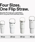 Heavy Duty 30 Oz Vacuum Insulated Tumbler With Flip Straw Lid displayed alongside 14, 20, and 40 oz sizes, showcasing stainless steel material.