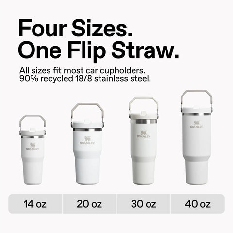 Heavy Duty 30 Oz Vacuum Insulated Tumbler With Flip Straw Lid displayed alongside 14, 20, and 40 oz sizes, showcasing stainless steel material.