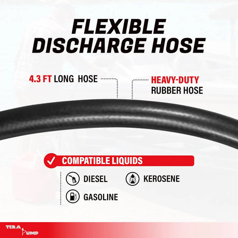 4.3 ft heavy-duty discharge hose for Grab And Go Cordless Fuel Transfer Pump, designed for diesel, kerosene, and gasoline.
