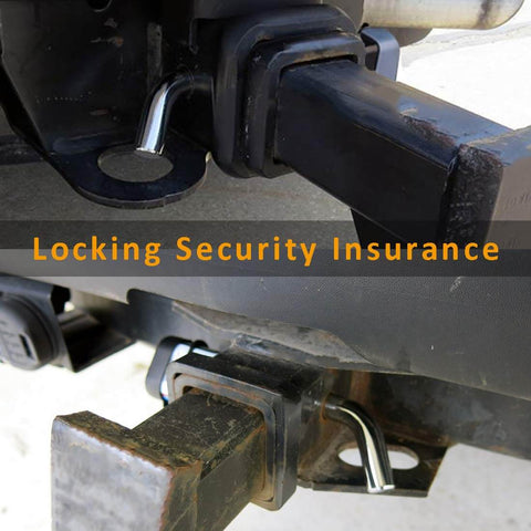 Trailer Hitch Receiver Lock Padlock Style With Swivel Head Five Eighths Inch Bent Pin Fits Class Three And Four Two And A Half Inch Receivers Ideal For Bike Rack Tray Ball Mount Tow Truck Car Boat RV Lock It Down installed on vehicle hitch.
