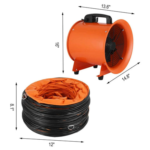 Built Different 12 Inch Industrial Blower Fan Featuring 3300 Rpm AC Motor With 520 Watt Power for fast air exchange, with stacking hose.