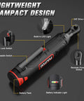 Cordless Electric Ratchet Wrench Three Eighths Inch Drive, 12V Power Tool Kit With 40 Ft Lbs Torque and features labeled