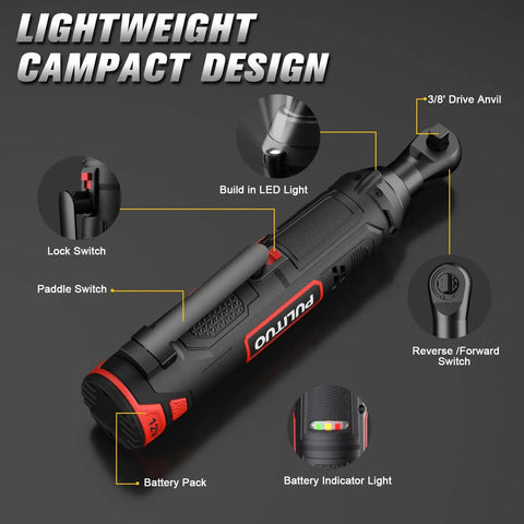 Cordless Electric Ratchet Wrench Three Eighths Inch Drive, 12V Power Tool Kit With 40 Ft Lbs Torque and features labeled