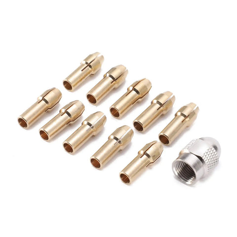 Heavy Duty Drill Chuck Collet Set Replaces 1-32 Inch To 1-8 Inch Keyless Rotary Tool Adapter Quick Change Nut pieces arranged on white background.