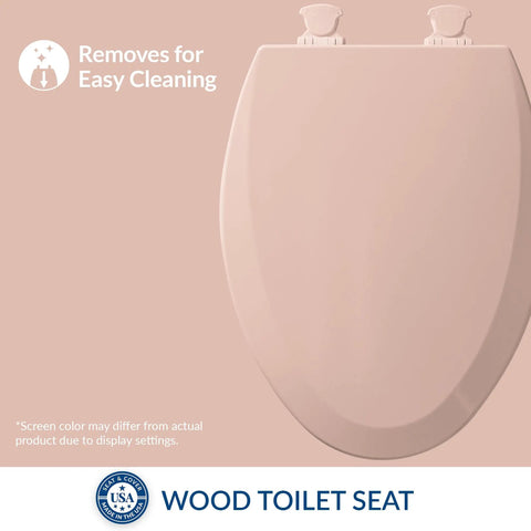 Durable Wood Toilet Seat With Easy Clean Hinges In Venetian Pink, Elongated Design, Made In USA, soft pink color, top view