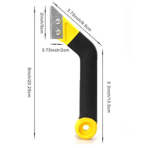 Grout Removal Tool Kit With Angled Saw Blade And 3 Extra Replacement Blades No Fuss Grout Ripper in Bright Yellow shown with dimensions