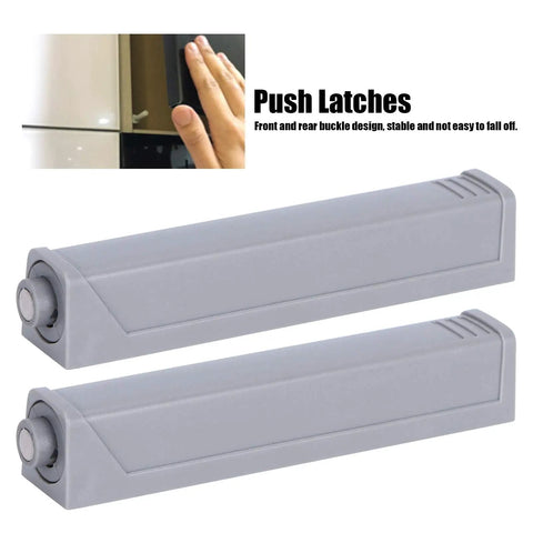 Two magnetic push to open latches for cabinets and drawers, no handle design, ABS magnet, durable, 9.5 x 1.5 cm, door damper.