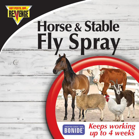 Product label displaying horse and livestock illustration for Horse And Stable Fly Spray Ready To Use 32 Oz Long Lasting Bug Killer