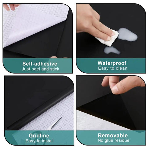 Matte Black Peel And Stick Wallpaper Roll That Gives Cabinets And Countertops A Fresh Waterproof Finish This Removable Self Adhesive Contact Paper Is Simple To Apply And Covers A Ton With Its Long Roll Made From Quality Pvc; showing features like self-adhesive, waterproof, gridline, and removable qualities.