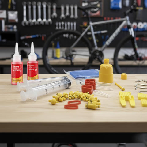 All In One Hydraulic Brake Bleed Kit With 120ml Mineral Oil, funnel, syringes, and adapters for MTB and road disc brakes.