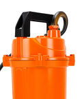 Tough Job Submersible Sump Pump For Quick Basement Bailout And Flood Cleanup 6000 Gallons Per Hour Output close-up showing orange plastic design and handle.