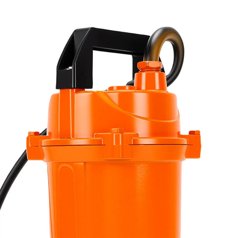 Close-up of Heavy Duty Submersible Sump Pump With Beefed Up Stainless Steel Housing Moves 6000 GPH with orange body and handle.