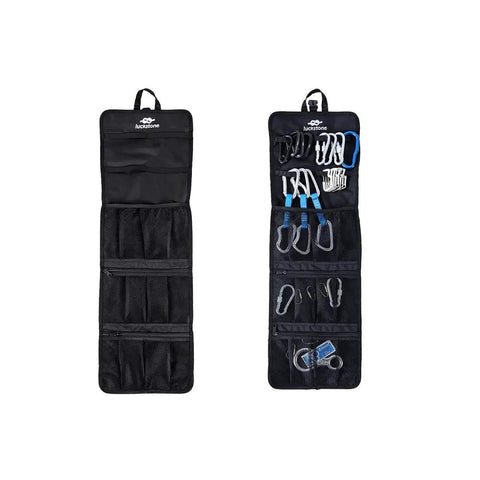 Foldable Waterproof Rock Climbing Gear Bag with Roll Up Design showing D Ring Quickdraw Organizer and Carabiner Storage Pouch
