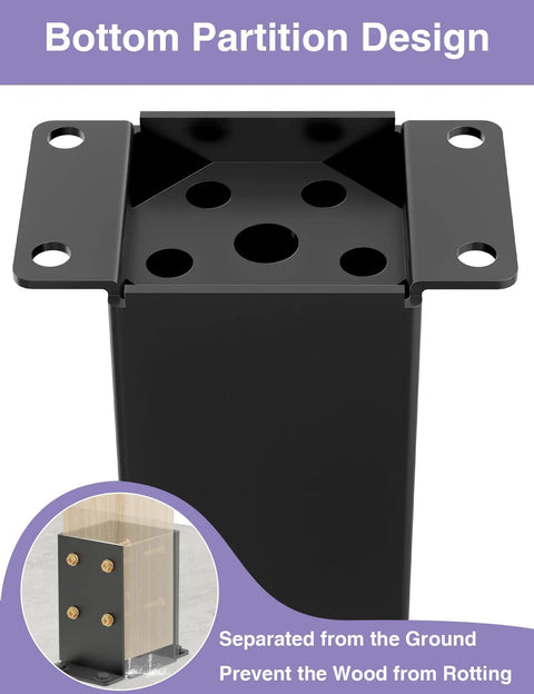 Close-up of bottom partition design on 2 Pack Heavy Duty 4x4 Post Base Bracket Set With Anti Corrosion Coated 13GA Solid Steel Inner Size 3.5x3.5 Inches, Powder Coated Post Anchor For Decks Fences Pergolas Pavilion Railing Support, Easy Install, showing separation from ground