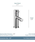Chrome One Handle Modern Bathroom Faucet With Drain Assembly And Optional Deck Plate Slick And Sleek Water Sense Certified For Easy Single Lever Temperature Control showing side view with dimensions.