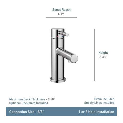 Chrome One Handle Modern Bathroom Faucet With Drain Assembly And Optional Deck Plate Slick And Sleek Water Sense Certified For Easy Single Lever Temperature Control showing side view with dimensions.