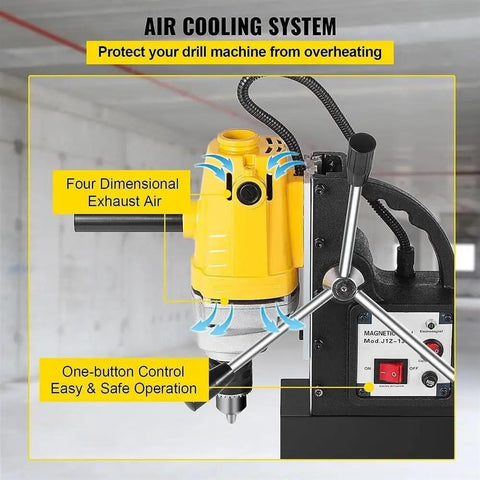 Air cooling system of the Badass 750W Magnetic Drill Press Featuring A Rocksolid 8500N Base Magnet for efficient operation.