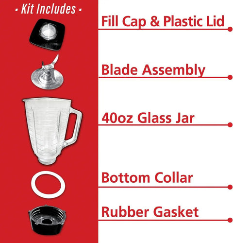 Replacement Glass Jar Set For Oster Blender 1.2 Liter Capacity Clear with components including lid, blade, and gasket.