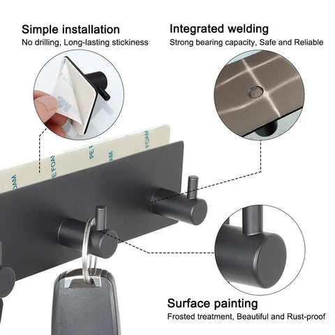 Heavy Duty Peel And Stick Key Holder Rack With Three Slick Hooks For Zero Fuss Wall Mounting Hassle Free Mudroom Essential No Damage Installation In Cool Matte Black Finish