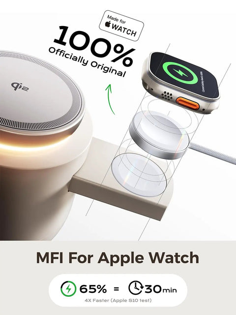 4 In 1 Qi2 Magnetic Wireless Charging Station For MagSafe, 15W Fast Charger With Apple Watch Module, charging setup detail