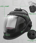 Side view of Panoramic Auto Darkening Welding Helmet With True Color Vision And Solar Powered Operation Four Arc Sensors Wide Shade Range Four Five Nine 13 For TIG MIG Arc Cutting Large Viewing Screen Measuring Four Point Three One By Three Point Eight Two Inches.