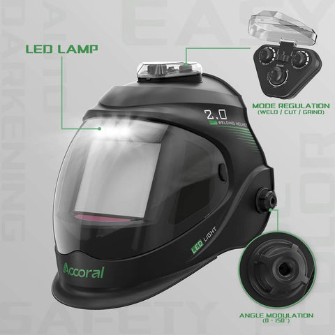 Side view of Panoramic Auto Darkening Welding Helmet With True Color Vision And Solar Powered Operation Four Arc Sensors Wide Shade Range Four Five Nine 13 For TIG MIG Arc Cutting Large Viewing Screen Measuring Four Point Three One By Three Point Eight Two Inches.