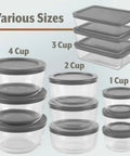 24 Piece Glass Food Storage Set With Airtight Lids showing different sizes and shapes including 4 cup, 3 cup, 2 cup, 1 cup containers.