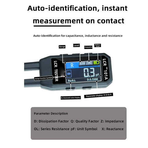 Close-up of 10KHz Digital Tweezers Tester SMD Analyzer Multimeter With Auto Component Recognition showing LCD screen and controls.
